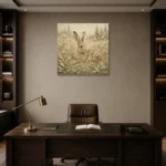 Beige & Sage Hare Woodland Nursery Wall Art Canvas Print displayed in a contemporary gallery-inspired room