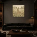 Beige & Sage Hare Woodland Nursery Wall Art Canvas Print shown in a warm modern interior