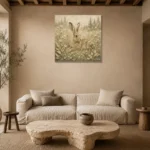 Beige & Sage Hare Woodland Nursery Wall Art Canvas Print presented in a sophisticated home setting