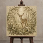 Sage & Sand Fawn Woodland Nursery Wall Art Canvas Print displayed on a studio easel