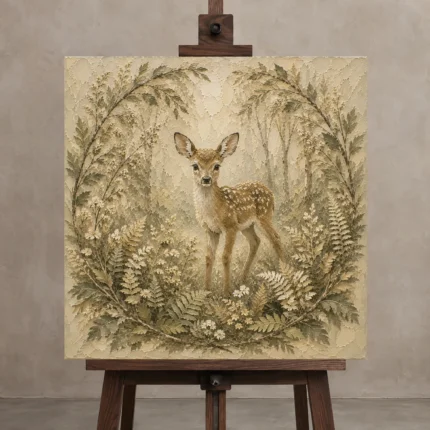 Sage & Sand Fawn Woodland Nursery Wall Art Canvas Print displayed on a studio easel