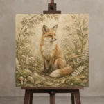 Beige & Sage Fox Woodland Nursery Wall Art Canvas Print displayed on a studio easel