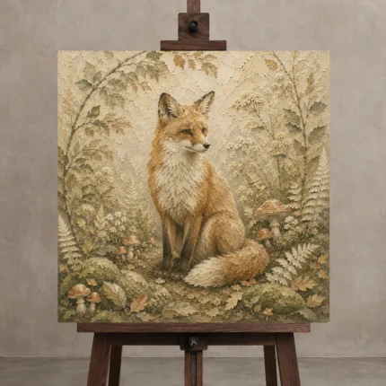 Ivory & Sage Bear Cub Woodland Nursery Wall Art Canvas Print displayed on a studio easel