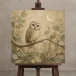 Beige & Sage Owl Woodland Nursery Wall Art Canvas Print displayed on a studio easel