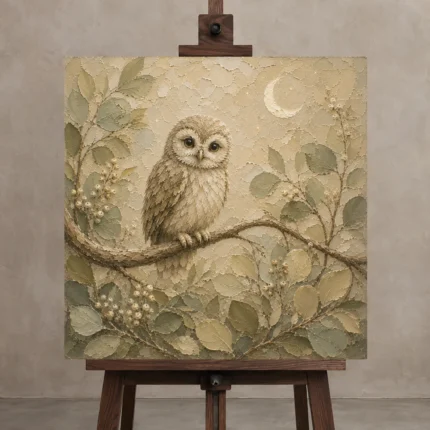 Beige & Sage Owl Woodland Nursery Wall Art Canvas Print shown in Studio Easel