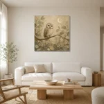 Beige & Sage Owl Woodland Nursery Wall Art Canvas Print styled in a refined neutral interior