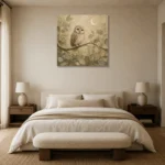 Beige & Sage Owl Woodland Nursery Wall Art Canvas Print showcased in an elegant minimalist interior