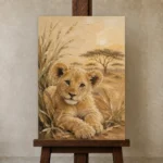 Warm Sand Lion Cub Safari Kids Wall Art Canvas Print displayed on a studio easel
