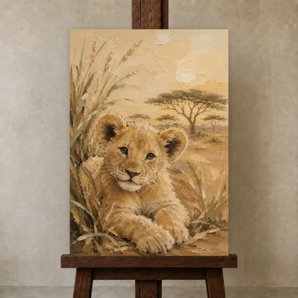 Warm Sand Lion Cub Safari Kids Wall Art Canvas Print shown in Studio Easel