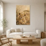Warm Sand Lion Cub Safari Kids Wall Art Canvas Print styled in a refined neutral interior