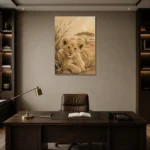 Warm Sand Lion Cub Safari Kids Wall Art Canvas Print displayed in a contemporary gallery-inspired room