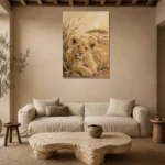 Warm Sand Lion Cub Safari Kids Wall Art Canvas Print presented in a sophisticated home setting