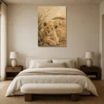 Warm Sand Lion Cub Safari Kids Wall Art Canvas Print showcased in an elegant minimalist interior