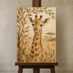 Sand & Olive Giraffe Safari Kids Wall Art Canvas Print displayed on a studio easel