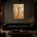 Sand & Olive Giraffe Safari Kids Wall Art Canvas Print shown in a warm modern interior