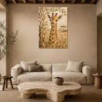 Sand & Olive Giraffe Safari Kids Wall Art Canvas Print presented in a sophisticated home setting