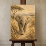 Sand & Olive Elephant Safari Kids Wall Art Canvas Print displayed on a studio easel