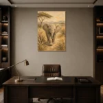 Sand & Olive Elephant Safari Kids Wall Art Canvas Print displayed in a contemporary gallery-inspired room