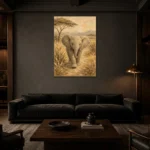 Sand & Olive Elephant Safari Kids Wall Art Canvas Print shown in a warm modern interior
