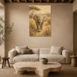 Sand & Olive Elephant Safari Kids Wall Art Canvas Print presented in a sophisticated home setting
