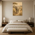 Sand & Olive Elephant Safari Kids Wall Art Canvas Print showcased in an elegant minimalist interior