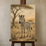 Ivory & Charcoal Zebra Safari Kids Wall Art Canvas Print displayed on a studio easel