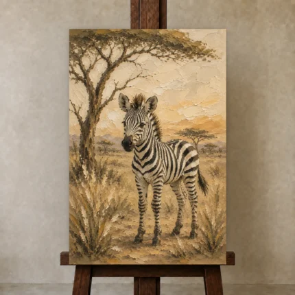 Ivory & Charcoal Zebra Safari Kids Wall Art Canvas Print shown in Studio Easel