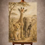 Sand, ochre, and gentle storybook Safari Kids Wall Art print for elegant interiors. No text or watermarks in design.