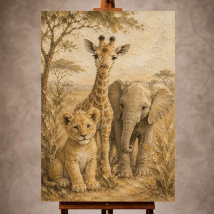 Sand, ochre, and gentle storybook Safari Kids Wall Art print for elegant interiors. No text or watermarks in design.