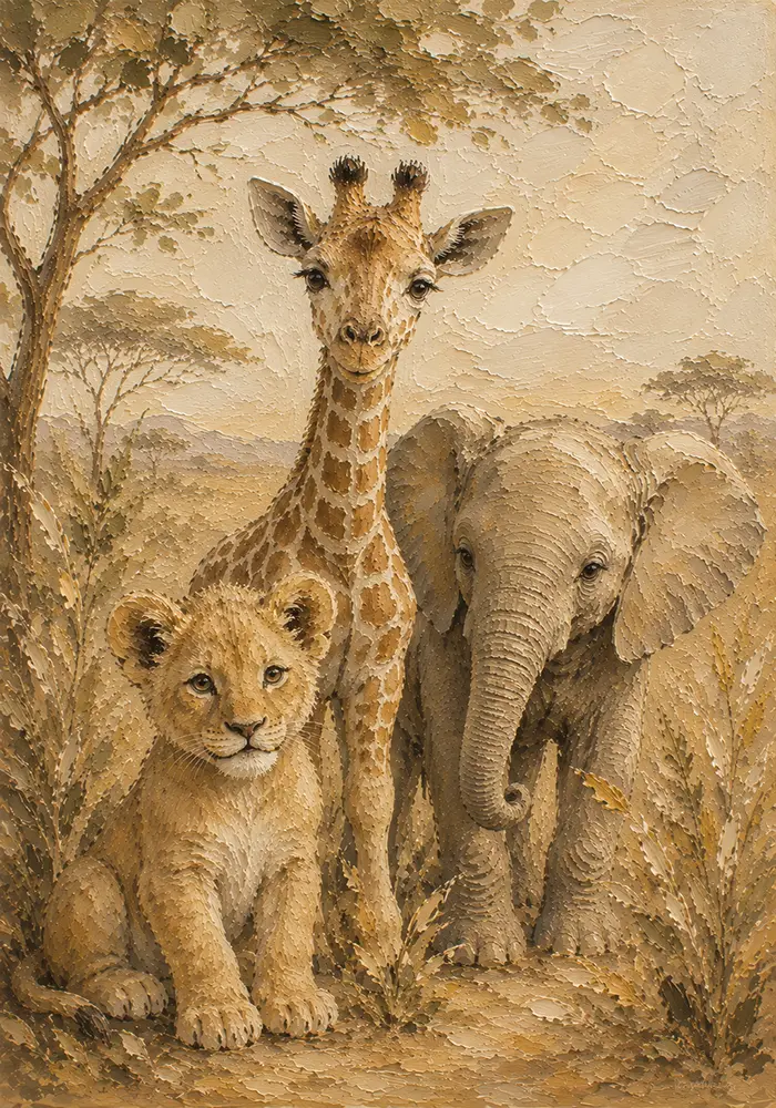 Sand & Ochre Safari Animal Trio Kids Wall Art Canvas Print