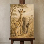 Sand & Ochre Safari Animal Trio Kids Wall Art Canvas Print displayed on a studio easel
