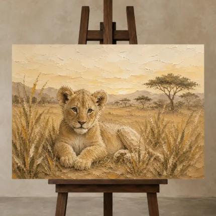 Sand & Ochre Lion Safari Kids Wall Art Canvas Print displayed on a studio easel