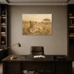 Sand & Ochre Lion Safari Kids Wall Art Canvas Print displayed in a contemporary gallery-inspired room