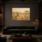 Sand & Ochre Lion Safari Kids Wall Art Canvas Print shown in a warm modern interior