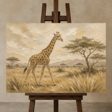 Soft Sand Giraffe Safari Kids Wall Art Canvas Print displayed on a studio easel