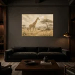Soft Sand Giraffe Safari Kids Wall Art Canvas Print shown in a warm modern interior