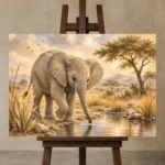 Sand & Olive Baby Elephant Safari Kids Wall Art Canvas Print displayed on a studio easel
