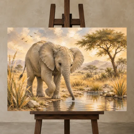 Sand & Olive Baby Elephant Safari Kids Wall Art Canvas Print displayed on a studio easel