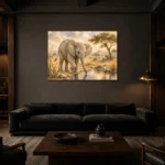 Sand & Olive Baby Elephant Safari Kids Wall Art Canvas Print shown in a warm modern interior