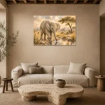 Sand & Olive Baby Elephant Safari Kids Wall Art Canvas Print presented in a sophisticated home setting