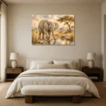 Sand & Olive Baby Elephant Safari Kids Wall Art Canvas Print showcased in an elegant minimalist interior