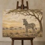 Ivory & Ochre Zebra Safari Kids Wall Art Canvas Print displayed on a studio easel