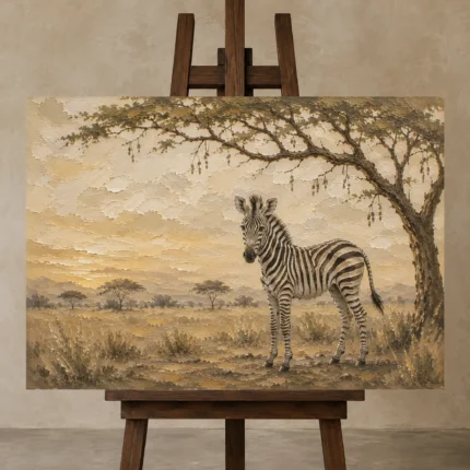 Ivory & Ochre Zebra Safari Kids Wall Art Canvas Print displayed on a studio easel