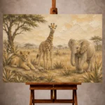 Sand, ochre, and calm storybook Safari Kids Wall Art print for elegant interiors. No text or watermarks in design.