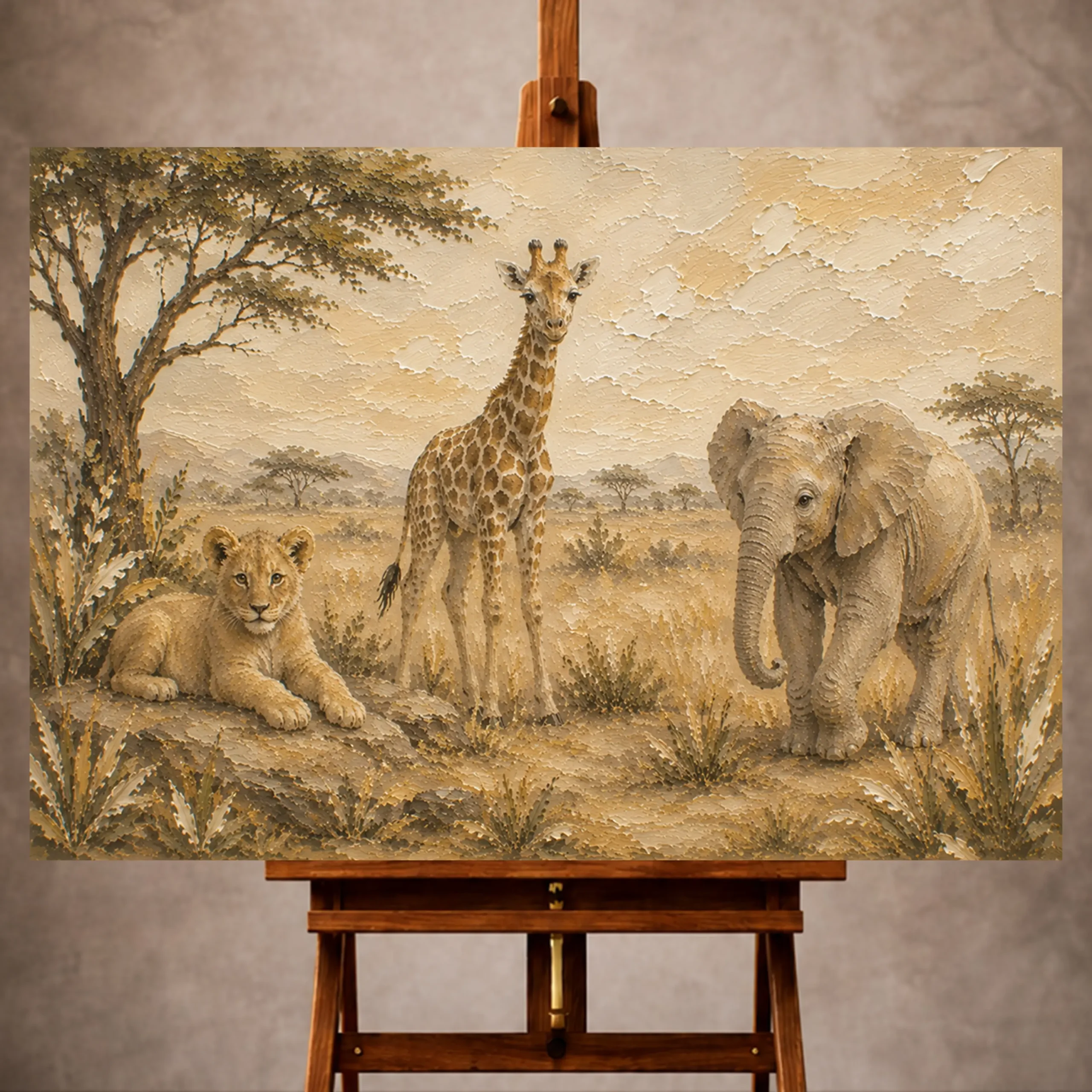 Premium Wall Art Yatay Html Edition – KIDSROOM030 Image 1 Sand, ochre, and calm storybook Safari Kids Wall Art print for elegant interiors. No text or watermarks in design.