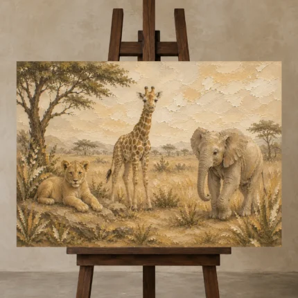 Sand & Ochre Safari Animal Trio Kids Wall Art Canvas Print displayed on a studio easel