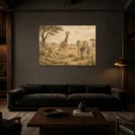 Sand & Ochre Safari Animal Trio Kids Wall Art Canvas Print shown in a warm modern interior