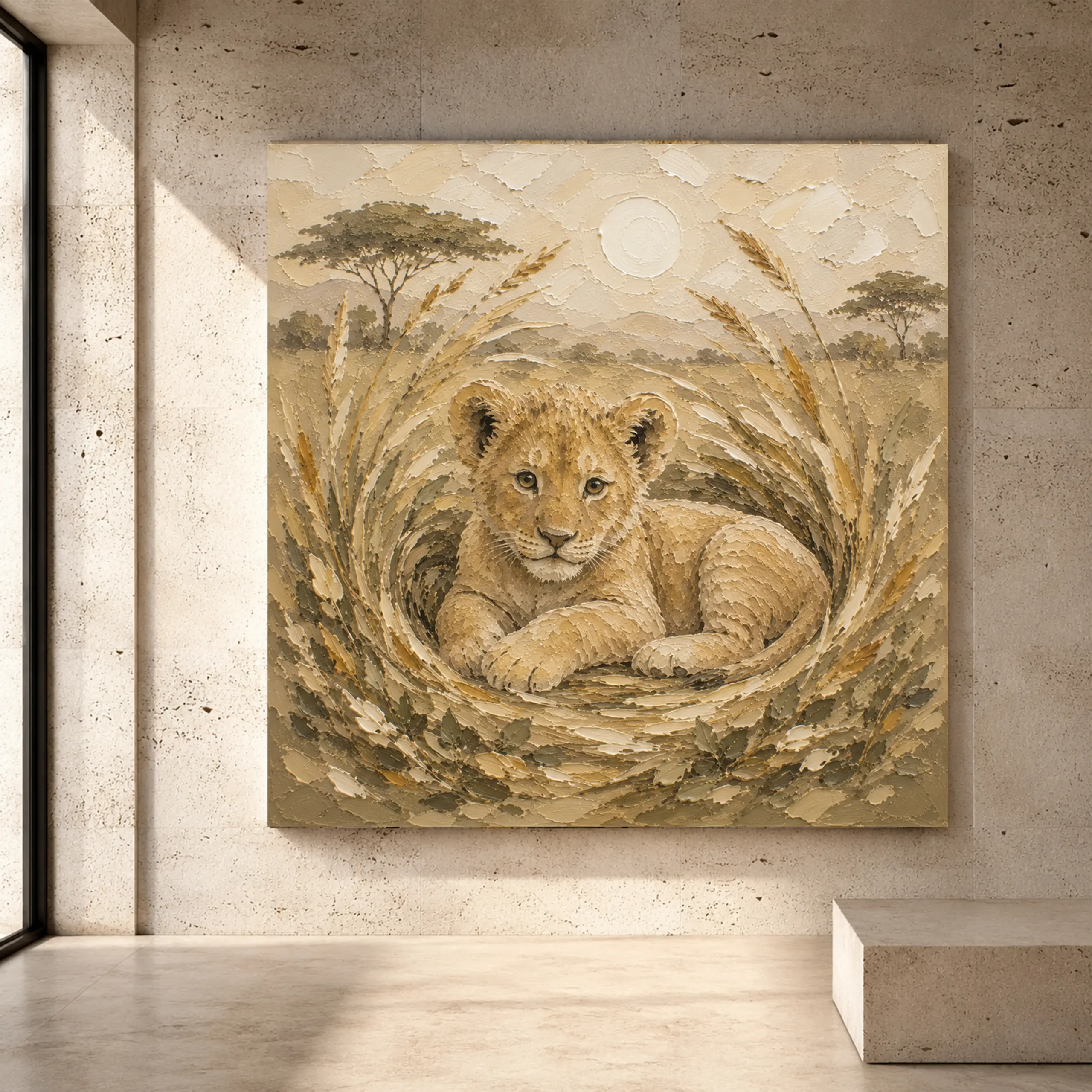 Premium Wall Art Kare Html Edition – KIDSROOM031 Image 1 Sand, ochre, and serene Safari Kids Wall Art print for elegant interiors. No text or watermarks in design.
