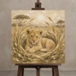 Sand & Ochre Lion Cub Safari Kids Wall Art Canvas Print displayed on a studio easel