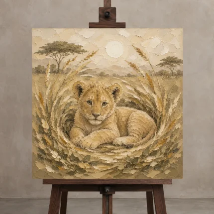Sand & Ochre Lion Cub Safari Kids Wall Art Canvas Print displayed on a studio easel